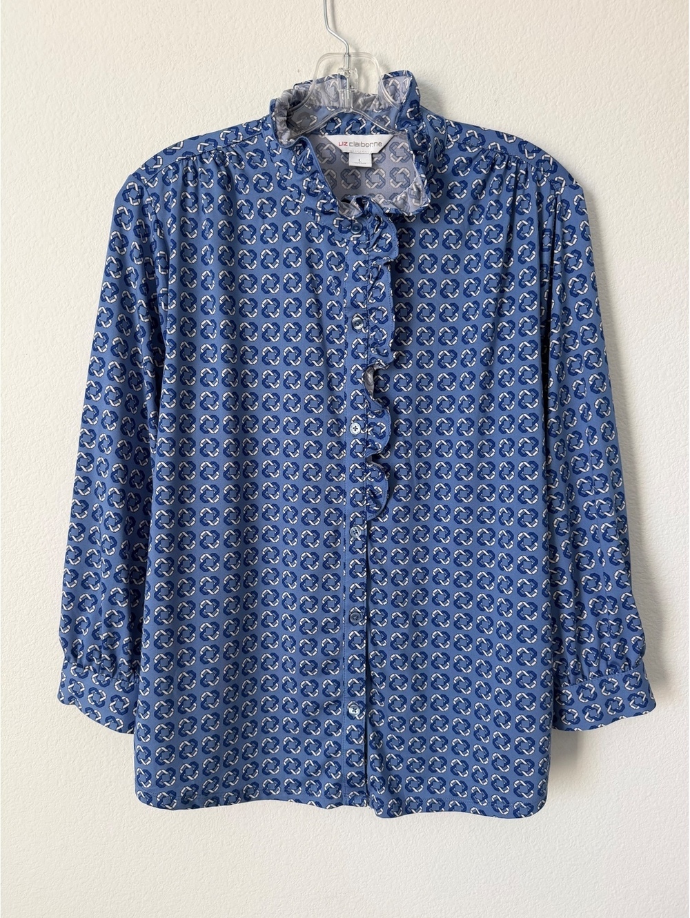 Liz Claiborne 3/4 Sleeve Ruffled Button Up Blue/White Geo Stretch Blouse Size L